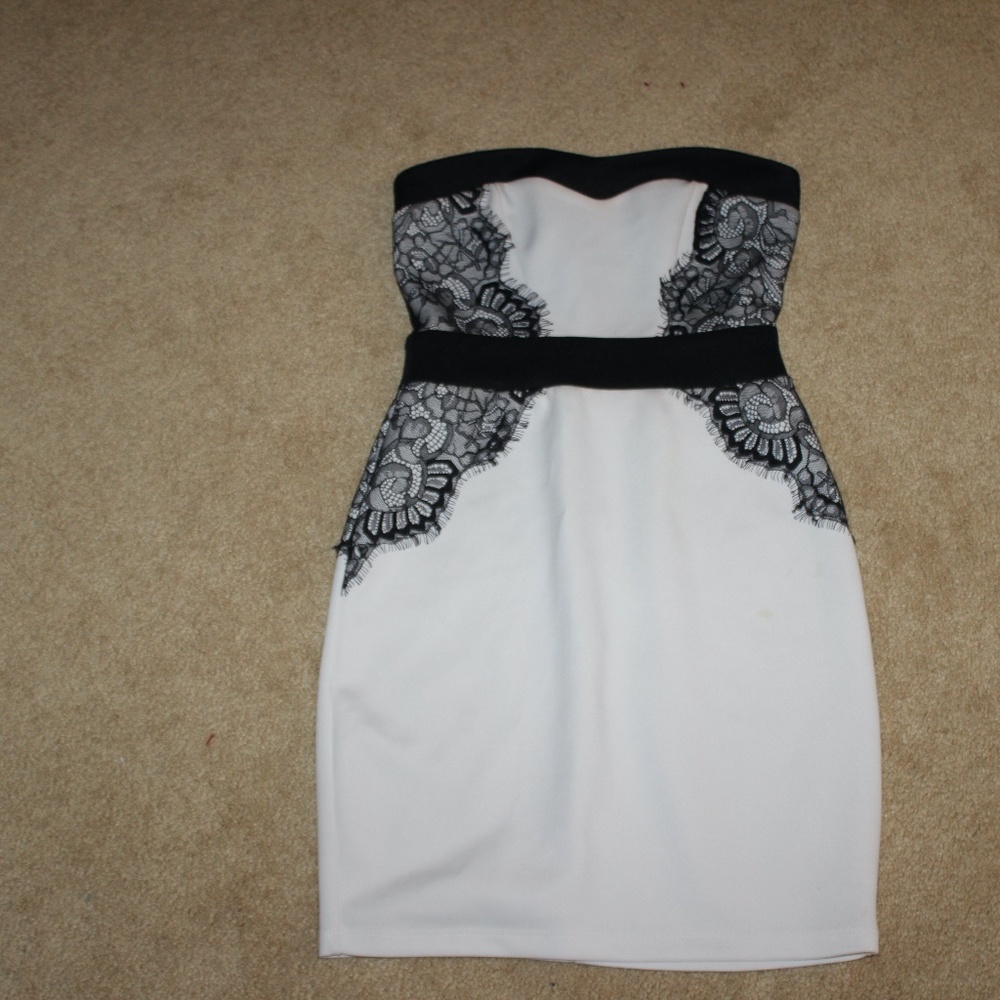 White and black strapless body con